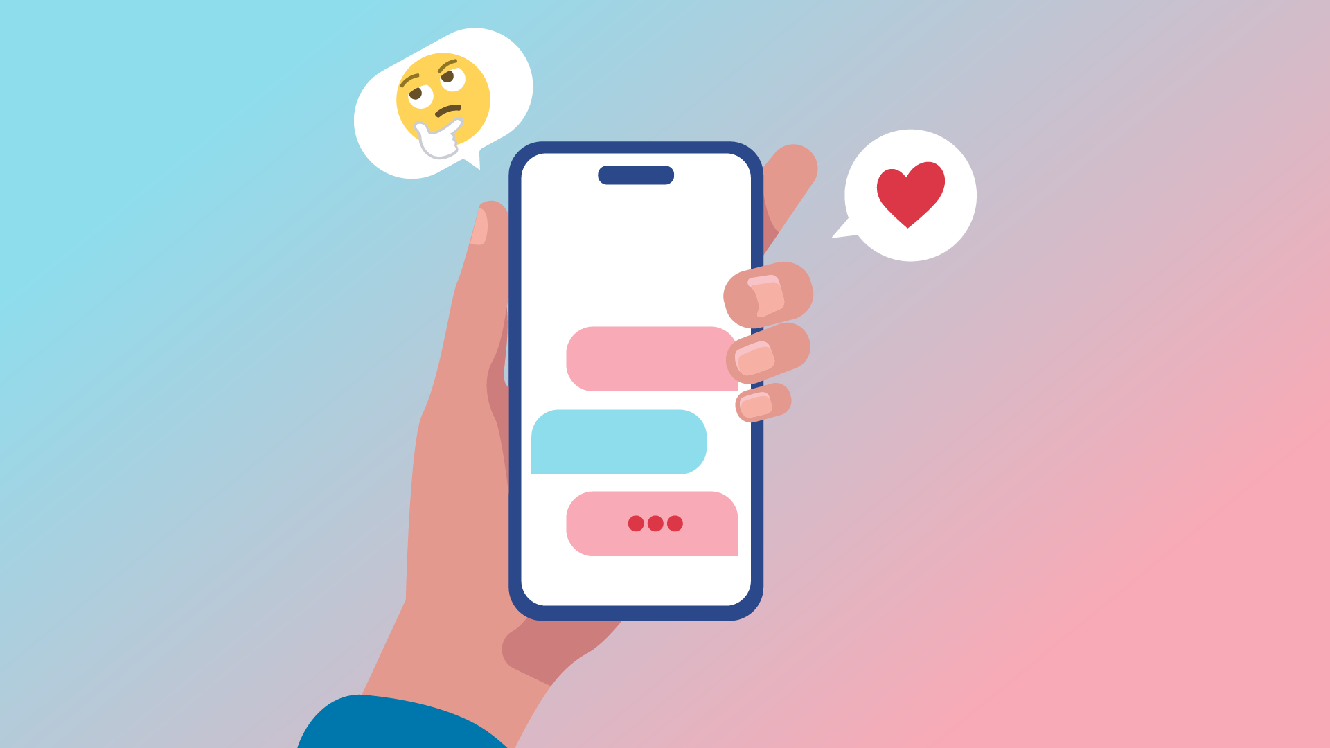 Illustration av en hand som håller en mobiltelefon.